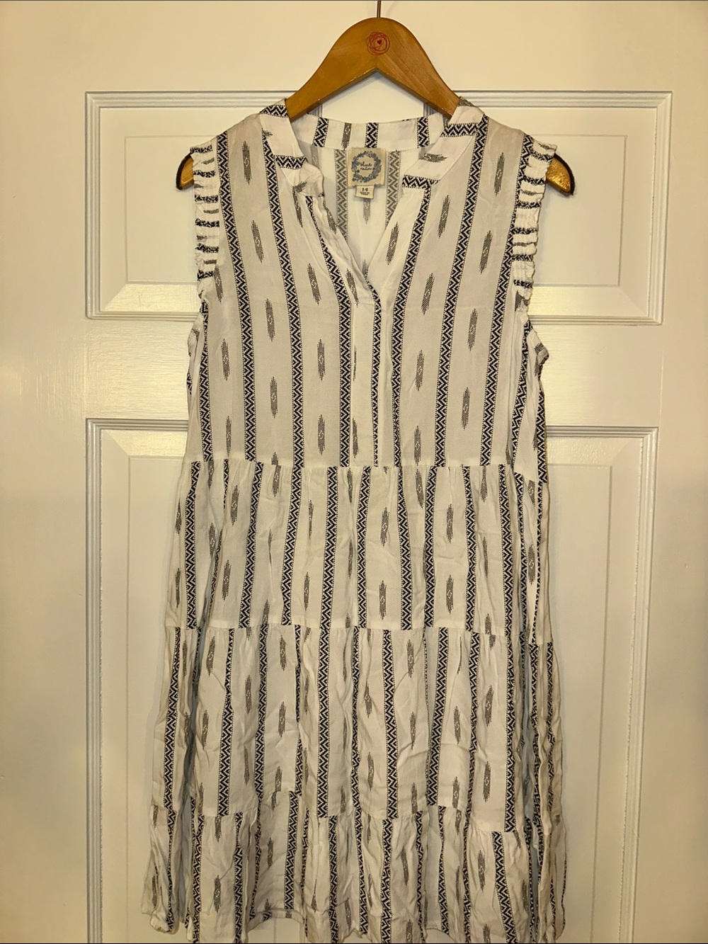 Blue Rain Sleeveless White Dress with Black Geometric Stripes